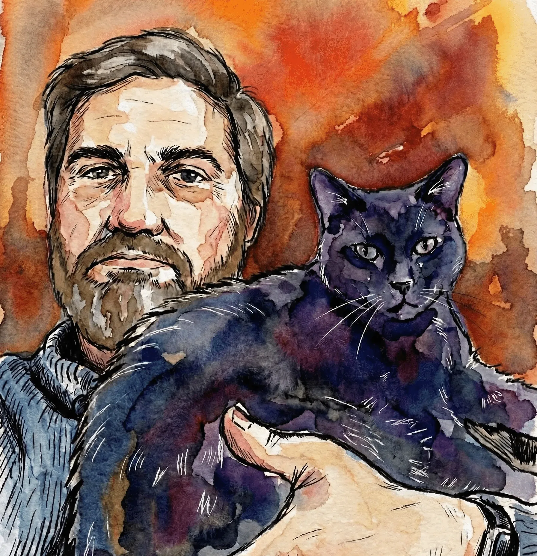 Painted portrait of Clay Wiedemann holding a black cat